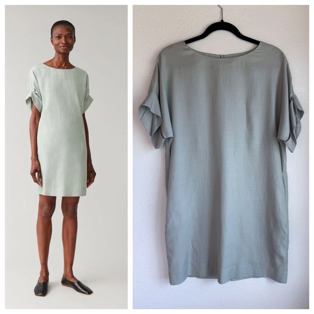 COS Cupro Cotton Short Roll Sleeve Crew Neck Shift Dress in Celadon Green Size 6